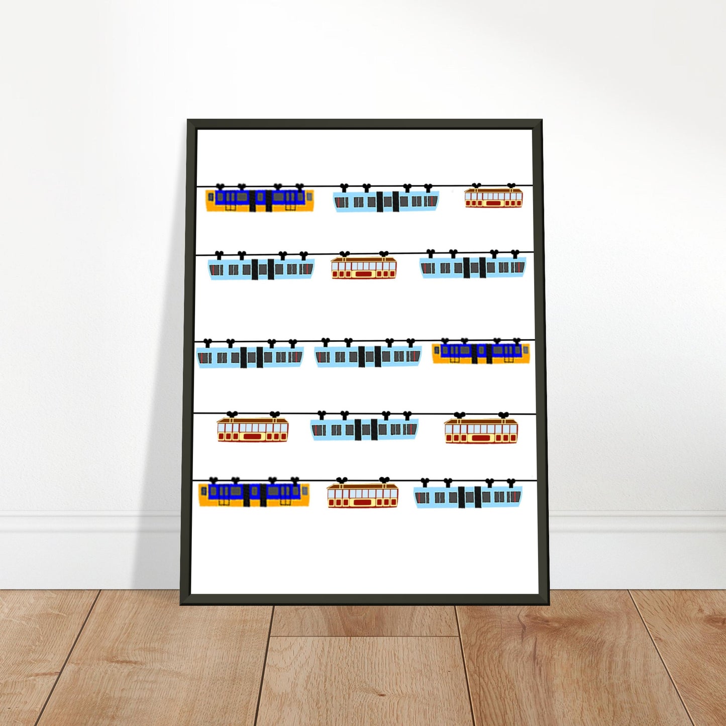 Wuppertal „3 x Generation Schwebebahn“ Premium-Poster aus mattem Papier mit Metallrahmen